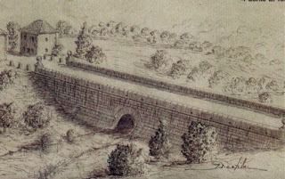 Grabado sobre el aspecto original del Puente del Tercio, hoy bajo las aguas del Embalse