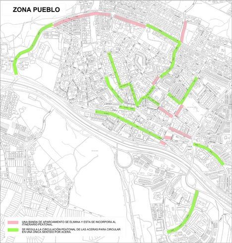 Mapa con las peatonalizaciones previstas en el Pueblo