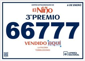 El tercer premio de la Lotería del Niño, el 66777, vendido en Loterías La Paloma de Torrelodones
 