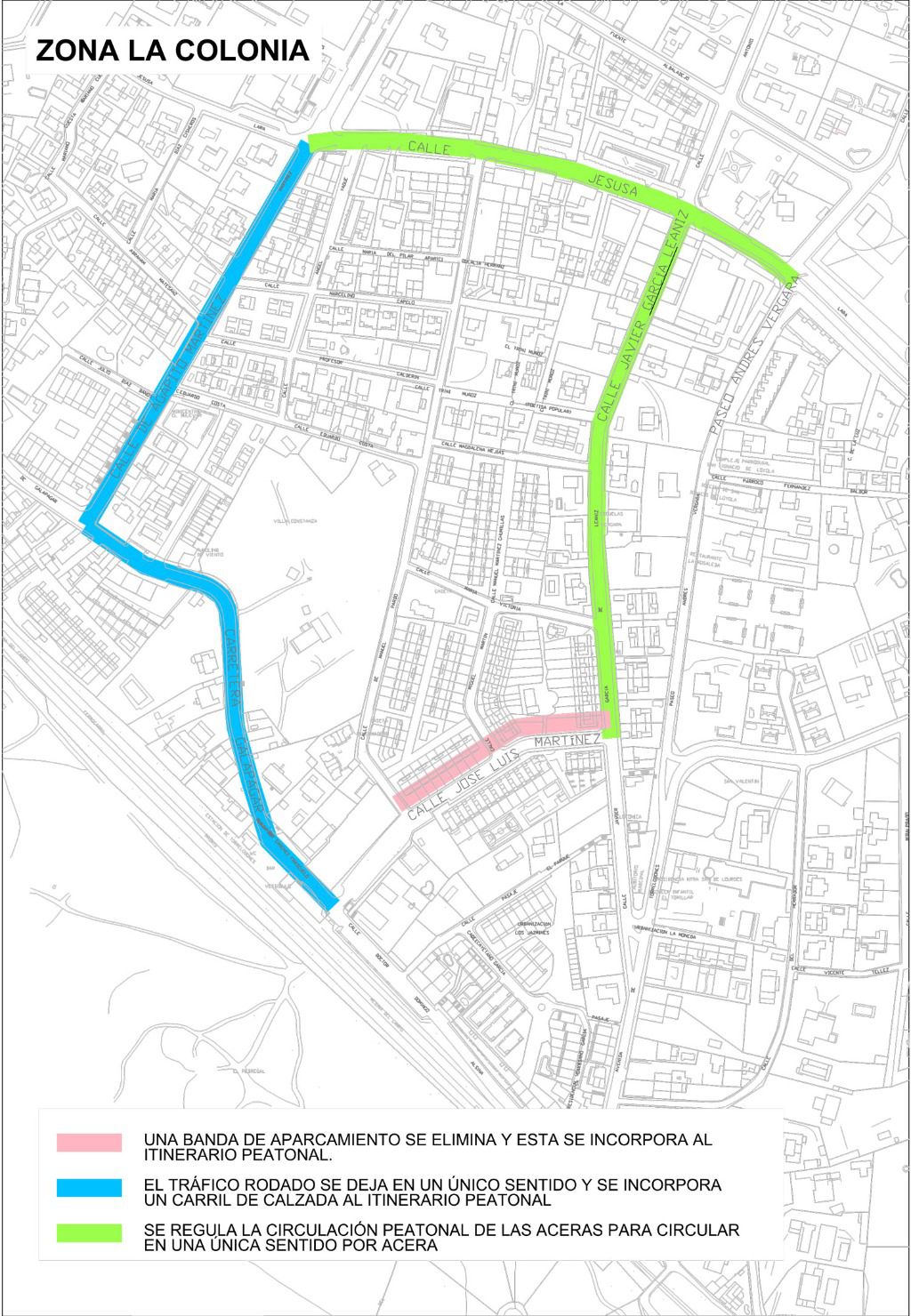 Mapa con las peatonalizaciones previstas en la Colonia